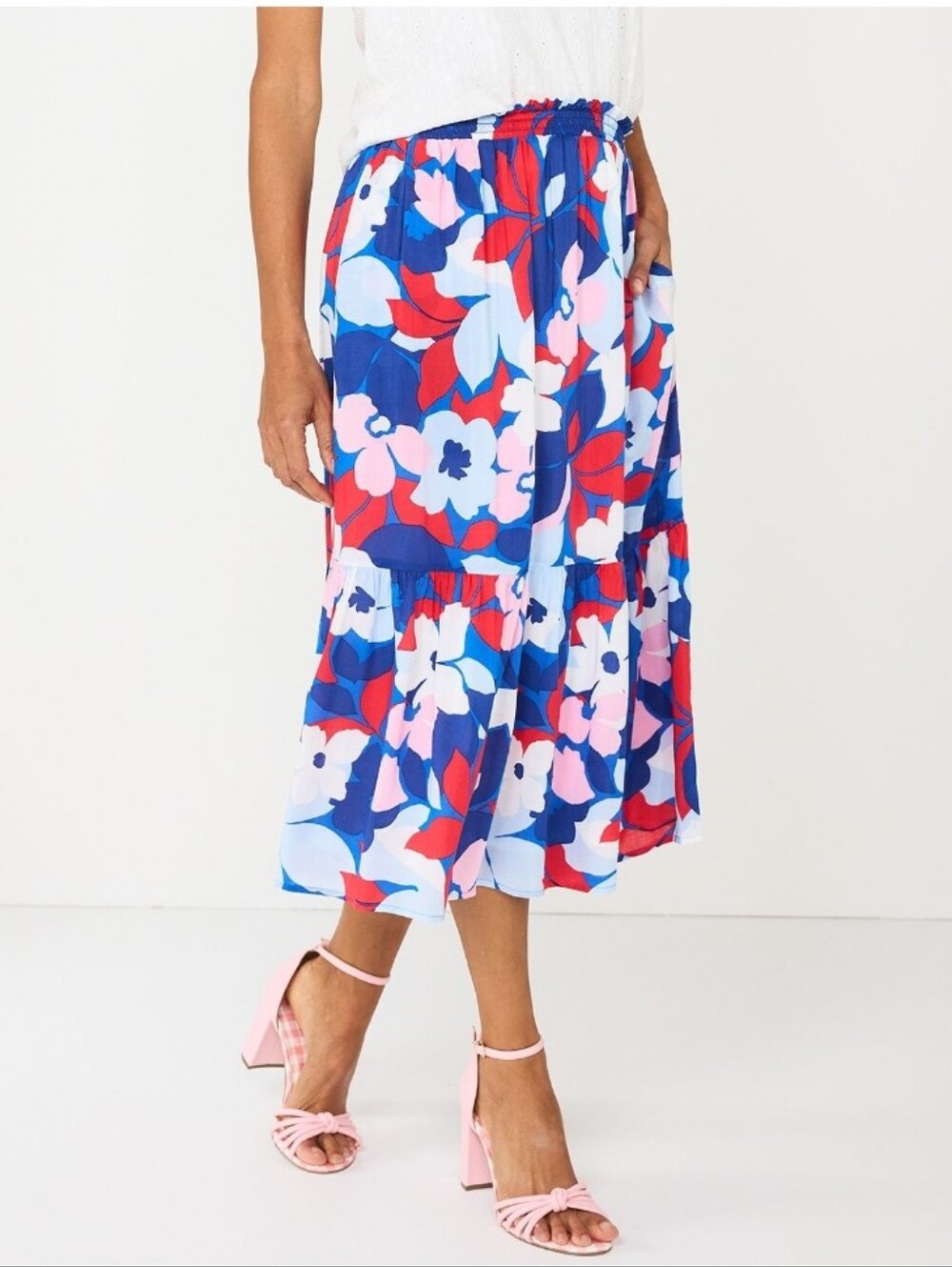 Draper James RSVP Blue Floral Tiered Midi Skirt with Red and Pink Accents NWOT - Picture 10 of 11